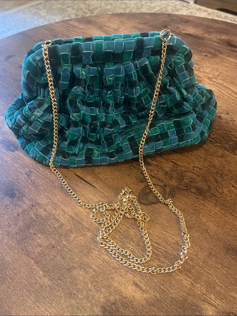 Anthropologie Teal & Aqua Velvet Woven Chain Clutch